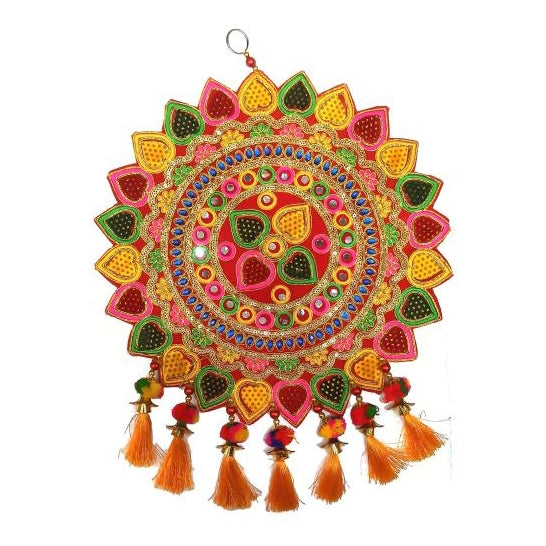 Round Rangoli Leaf Design Velvet Fabric Stone Decorative Silk Threads Wall Hanging size 12 inch