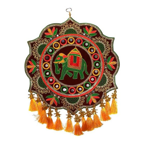 Round Rangoli Green Elephant Design Meroon Velvet Fabric Stone Decorative Silk Threads Wall Hanging size 14 inch