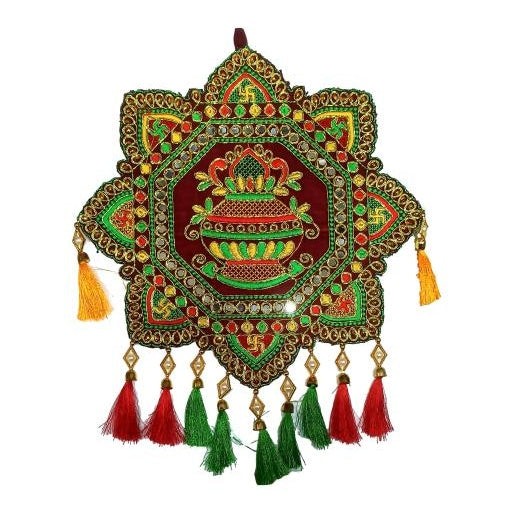 Square Rangoli Multicolour Kalash Design Velvet Fabric Stone Decorative Silk Threads Wall Hanging size 12 inch