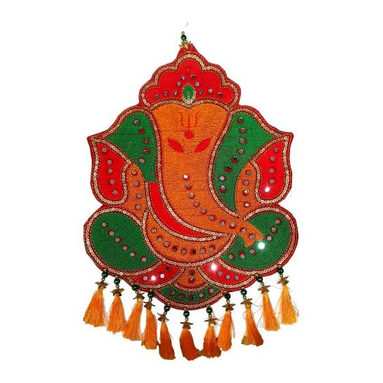 Sri Ganesh Dual Colour Velvet Fabric Stone Decorative Silk Threads Wall Hanging size 16 x 12 inch