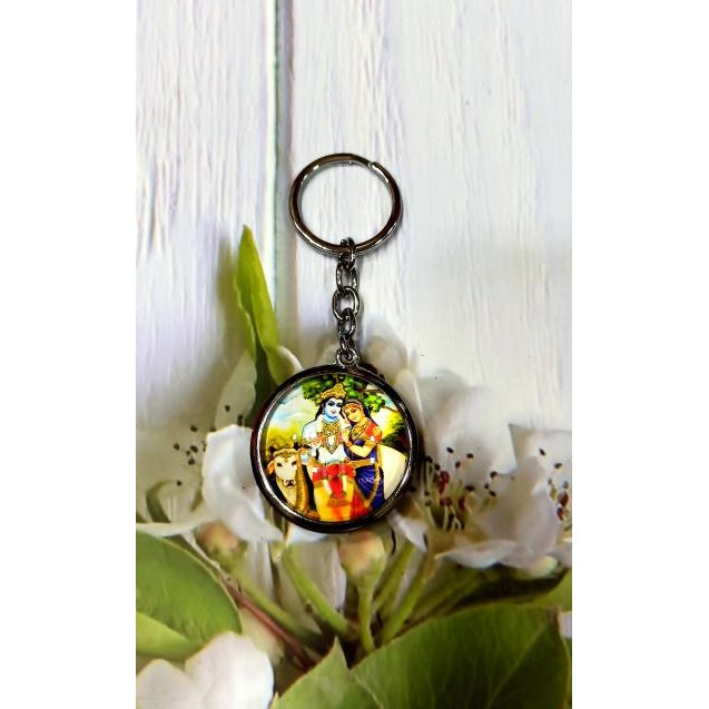 Multicolour Radha Krishna with Goumatha Double Side Key Chain