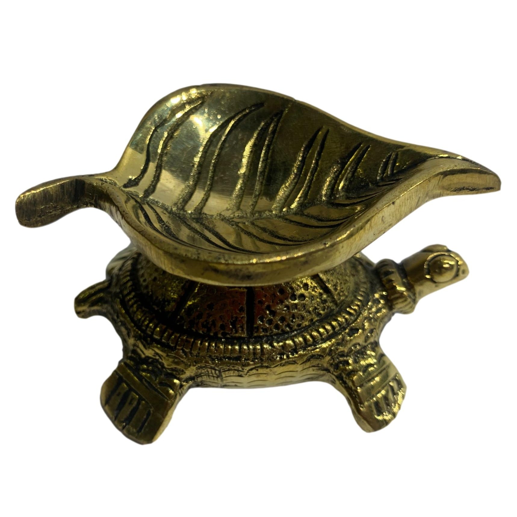 Unique Designer Brass Antique Leaf Diya on Vastu Turtle or Tortoise Leaf Deepak Size 3.2inches