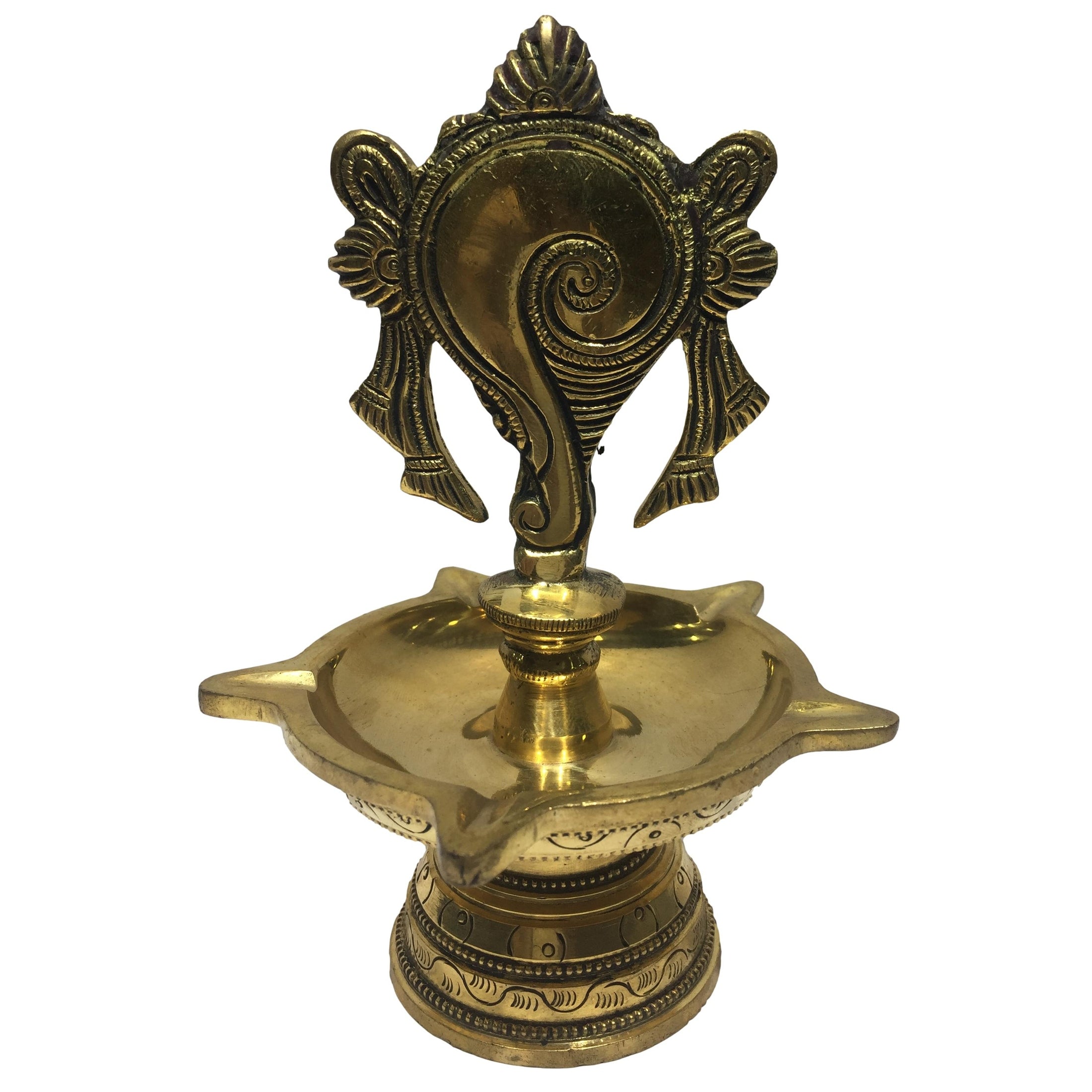 Golden Brass 5 flames Shankha Chakra Top Deepak Set Pooja Decorative Diya Size 6.5 inches