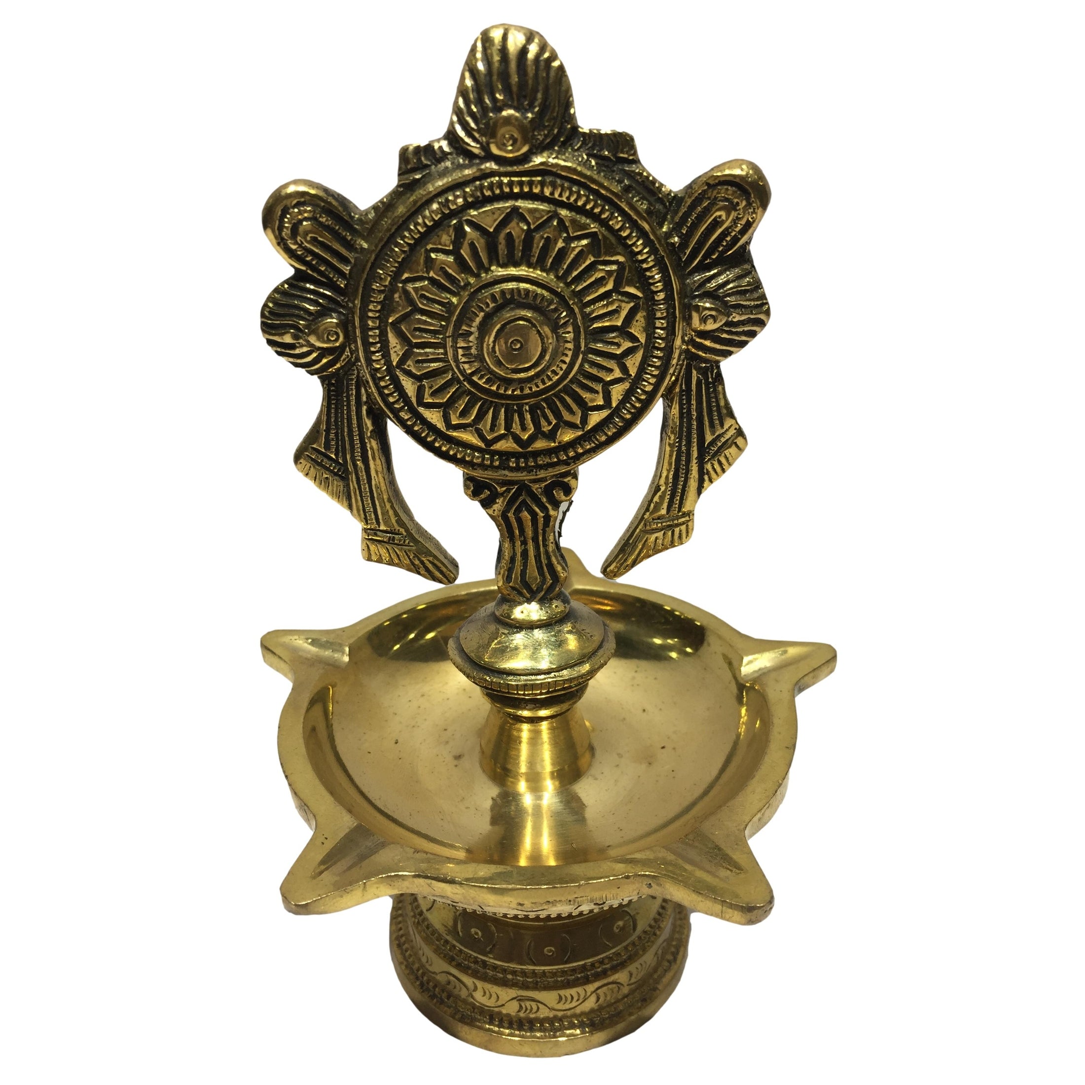 Golden Brass 5 flames Shankha Chakra Top Deepak Set Pooja Decorative Diya Size 6.5 inches