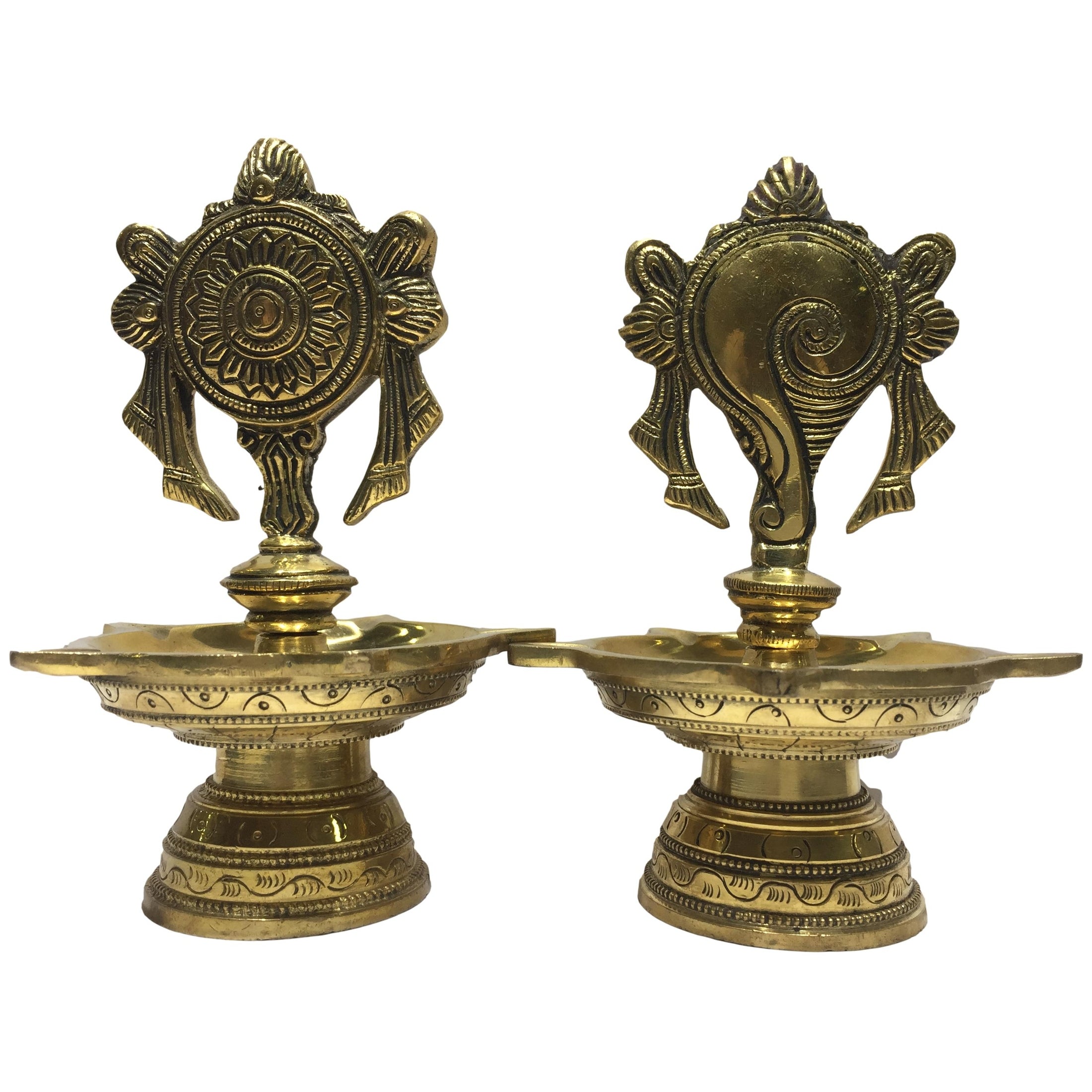 Golden Brass 5 flames Shankha Chakra Top Deepak Set Pooja Decorative Diya Size 6.5 inches