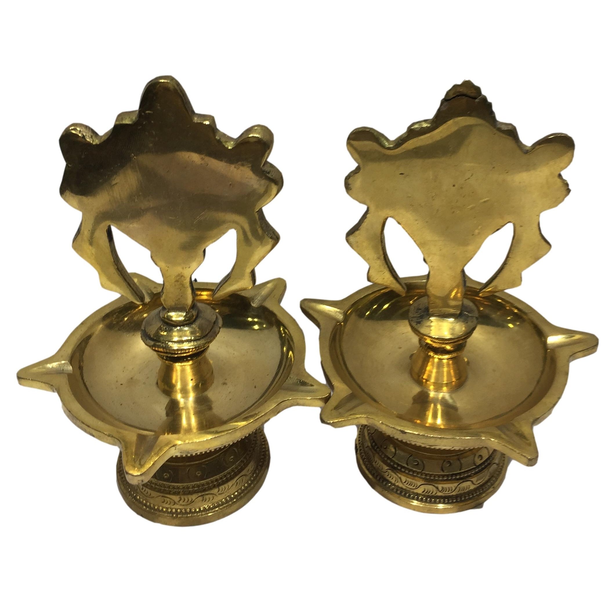 Golden Brass 5 flames Shankha Chakra Top Deepak Set Pooja Decorative Diya Size 6.5 inches