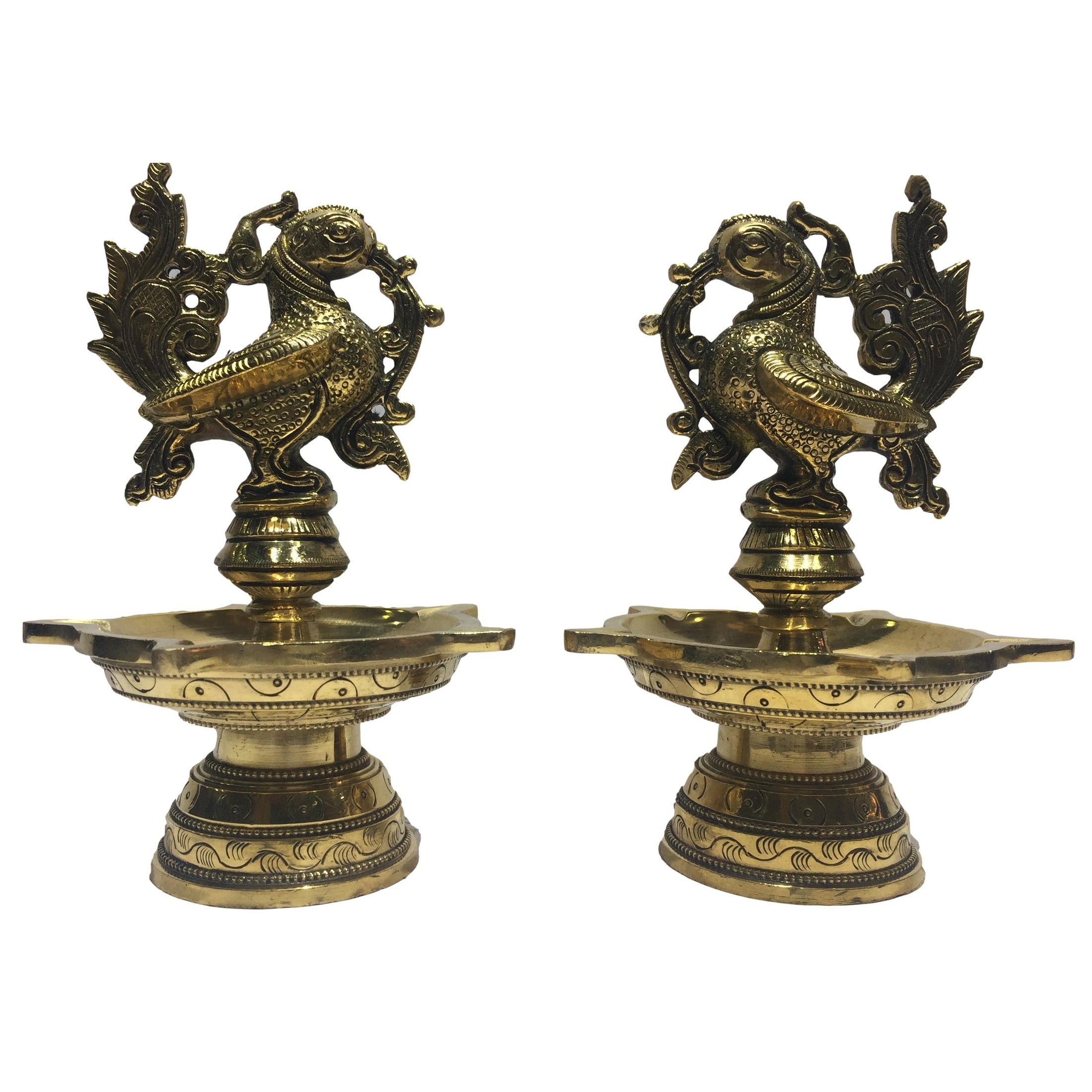 Golden Brass 5 flames Annapakshi Top Deepak Set Pooja Decorative Swan Diya Size 6.5 inches