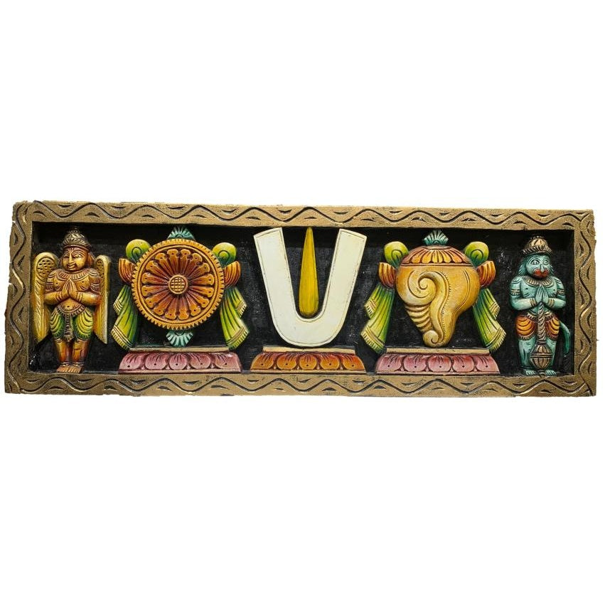 Pure Wood Multicolour Vadakalai Thirumankappu Shanku Chakra Garudan Hanuman Wall Decor Showpiece 30 X 10 Inch