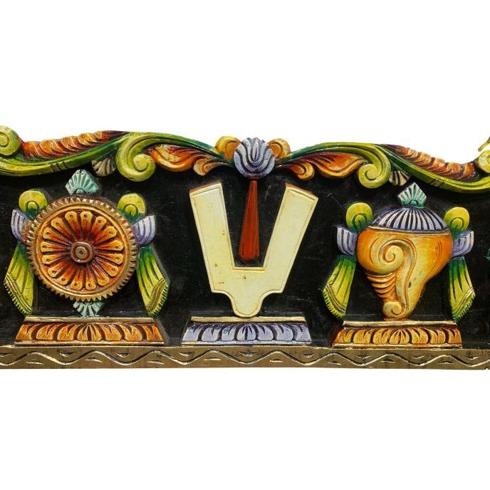 Pure Wood Multicolour Thenkalai Thirumankappu Shanku Chakra Garudan Hanuman Floral Wall Decorative Showpiece 30 X 10 Inch