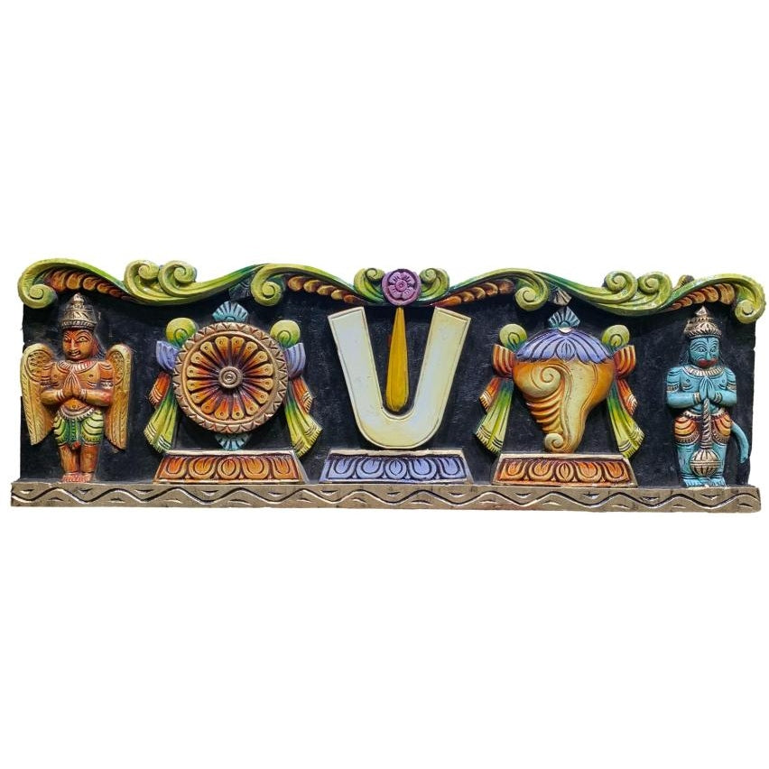 Pure Wood Multicolour Vadakalai Thirumankappu Shanku Chakra Garudan Hanuman Floral Wall Decorative Showpiece 30 X 10 Inch