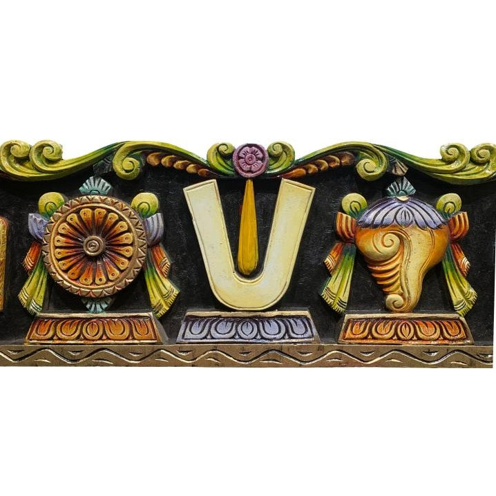 Pure Wood Multicolour Vadakalai Thirumankappu Shanku Chakra Garudan Hanuman Floral Wall Decorative Showpiece 30 X 10 Inch