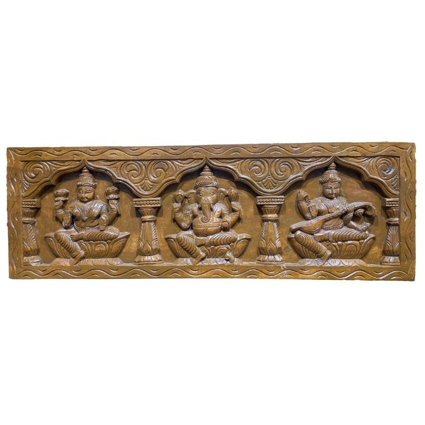 Sri Lakshmi Ganapathi Saraswati Wooden Art Wall Mount 30 X 10 Inch