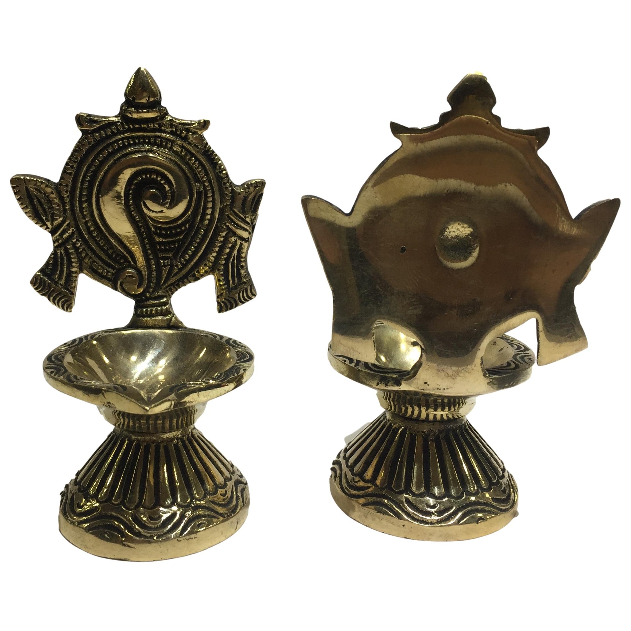 Golden Brass Shankha Chakra Agal Vilaku Set with Stand Pooja Decorative Deep Size 4.2 inches