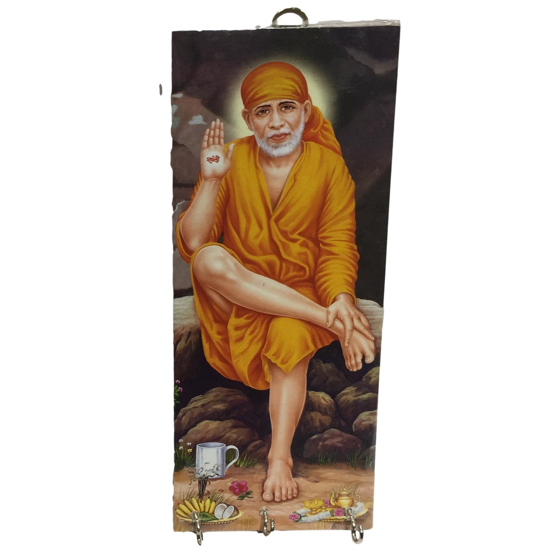 Sai Baba Orange Dressed Wooden Key Holder 3 hooks