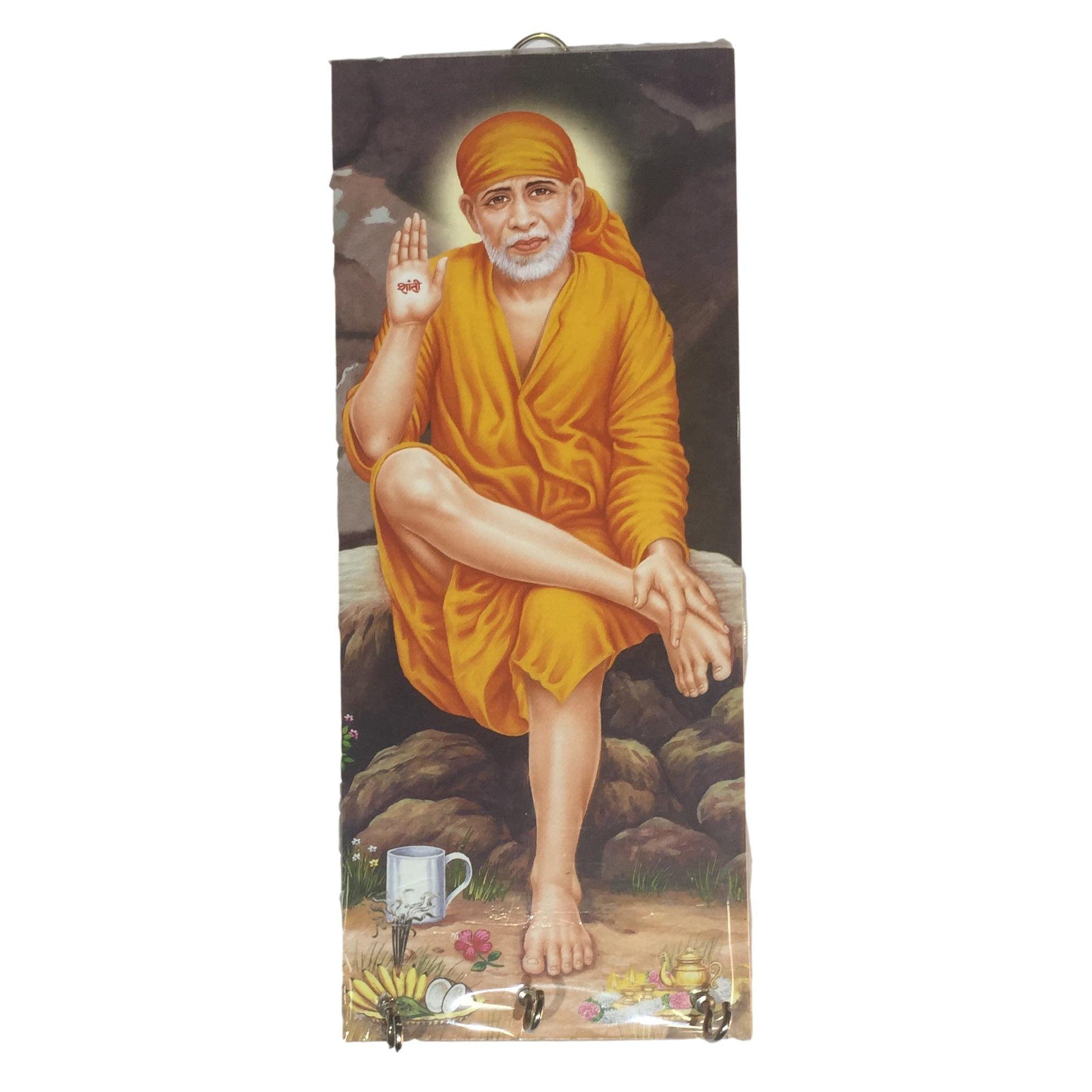 Sai Baba Orange Dressed Wooden Key Holder 3 hooks