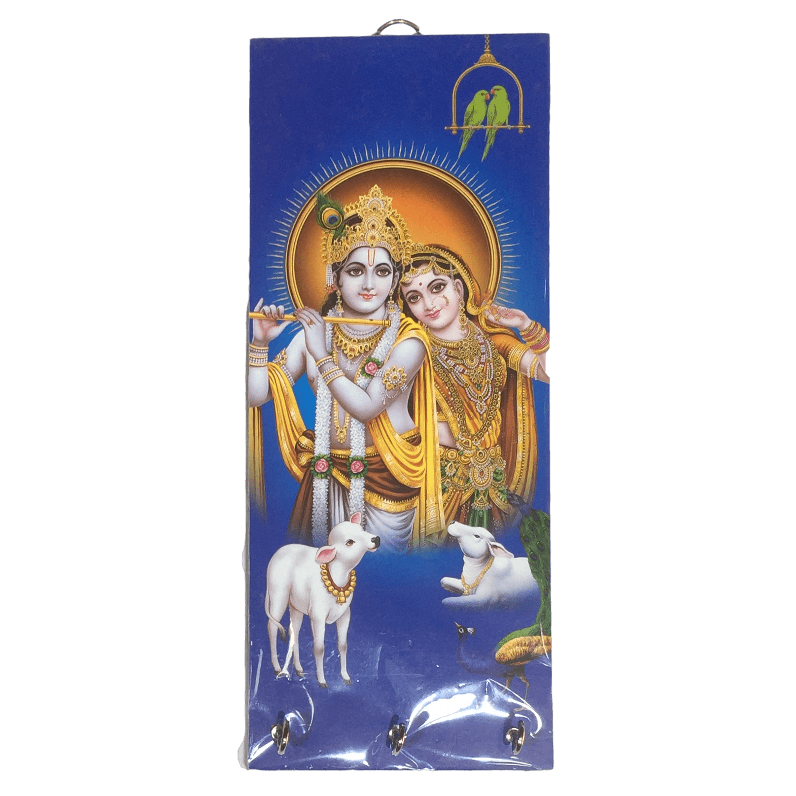 Radha Krishna Cow and Calf Wooden Key Holder 3 hooks