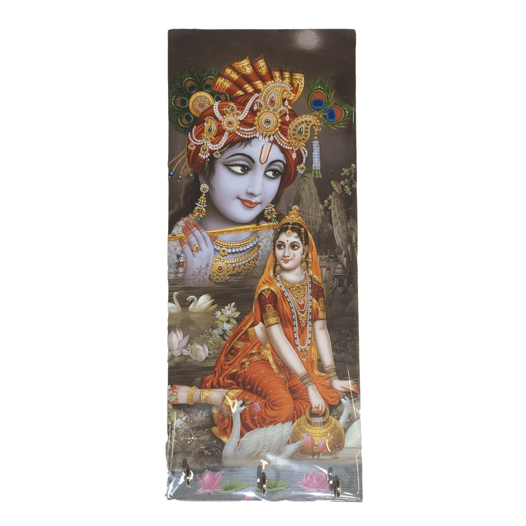 Sitting Radha Krishna Wooden Key Holder 3 hooks