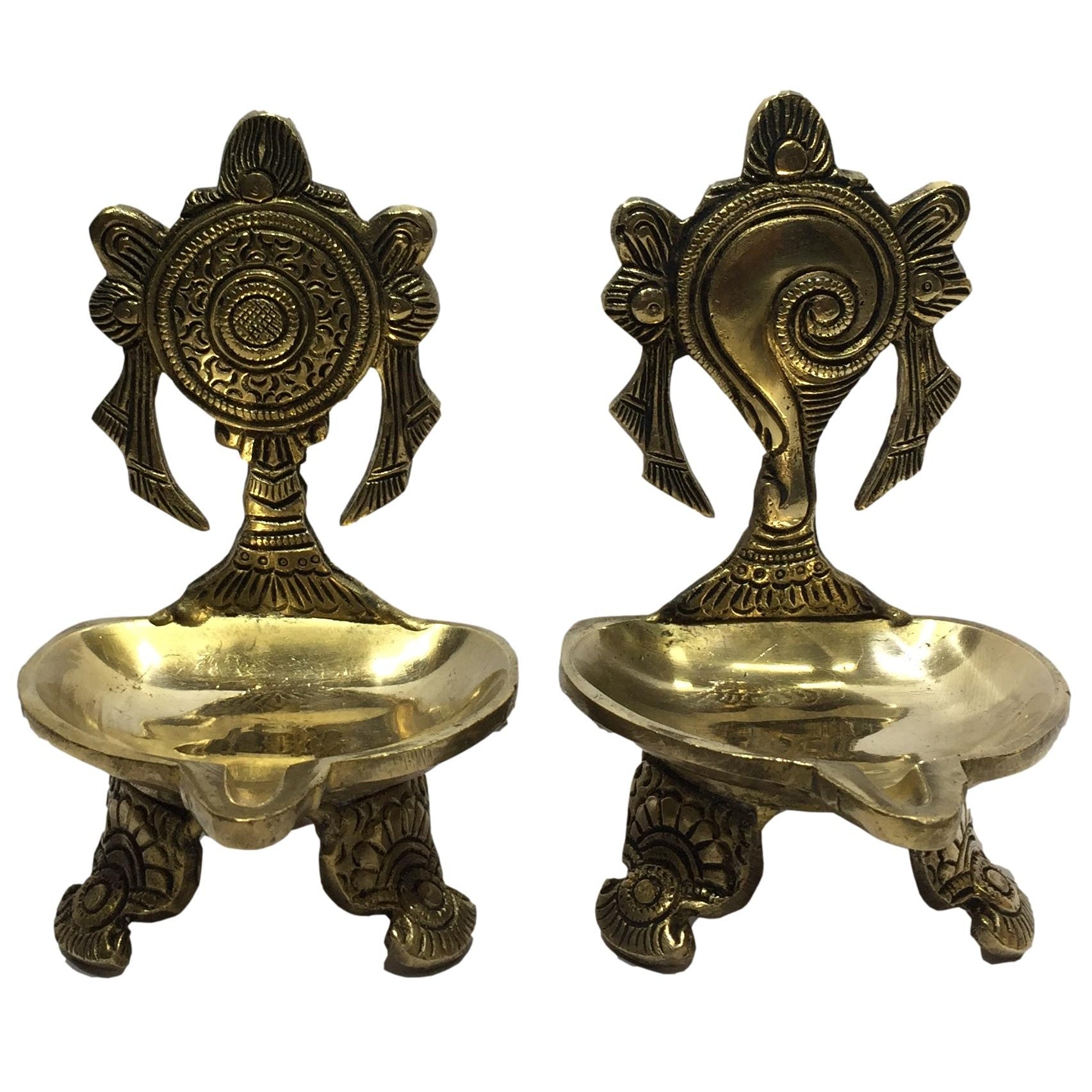 Golden Brass Shankha Chakra Diya Set with 3 Legs Stand Pooja Decorative Deep Size 6 inches