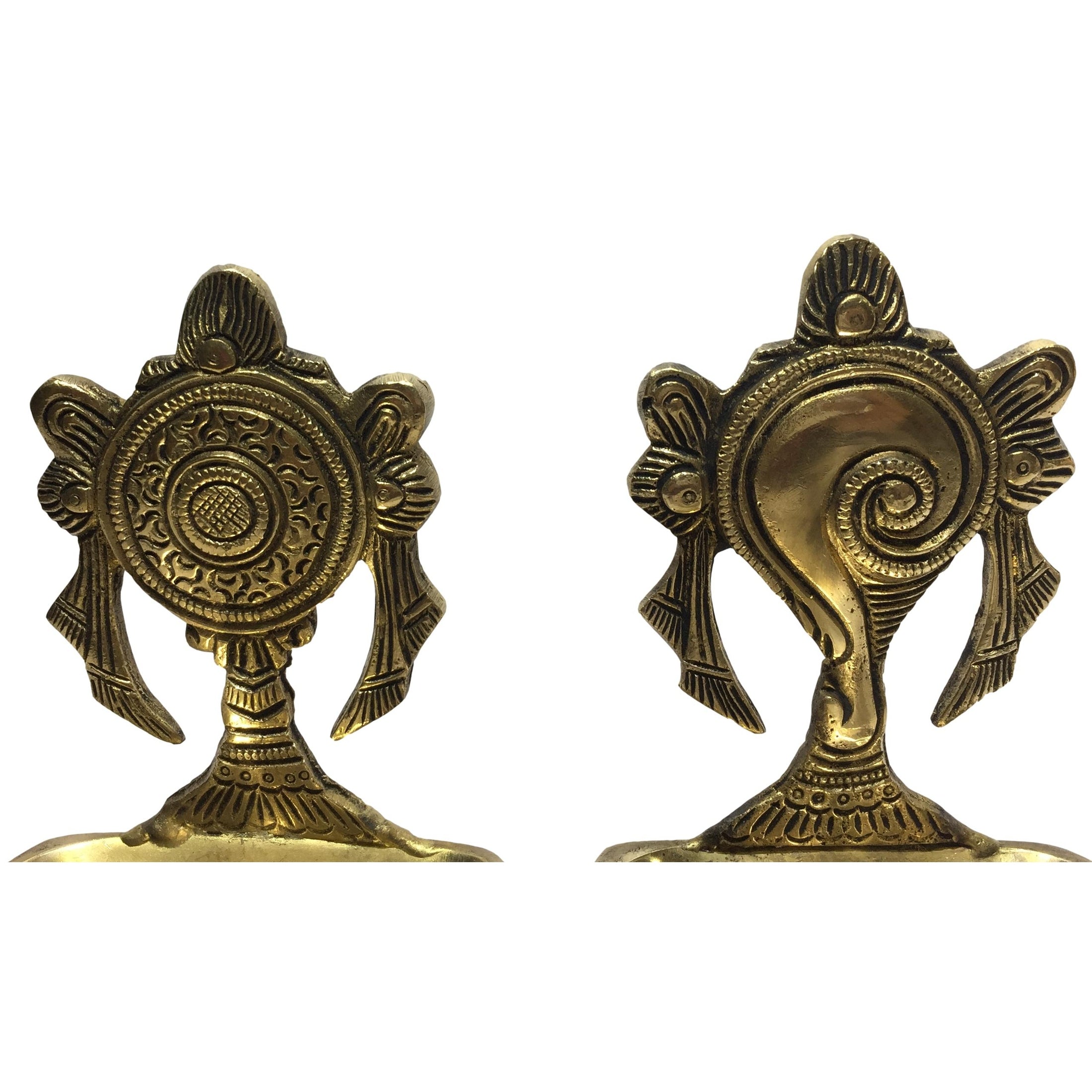 Golden Brass Shankha Chakra Diya Set with 3 Legs Stand Pooja Decorative Deep Size 6 inches