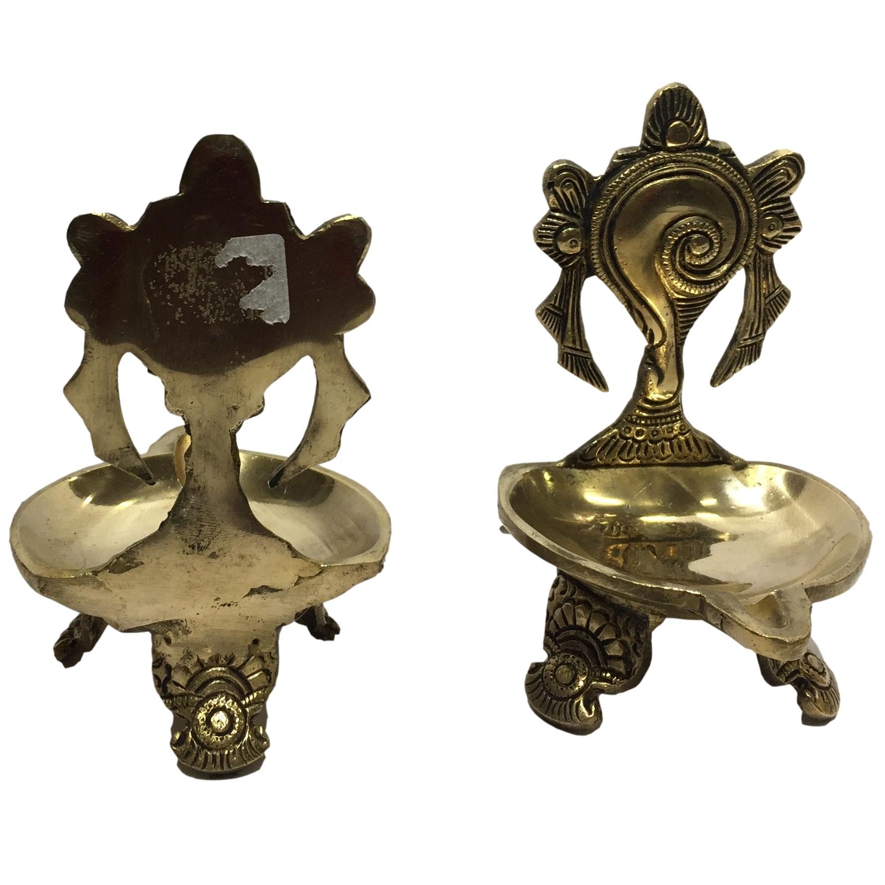 Golden Brass Shankha Chakra Diya Set with 3 Legs Stand Pooja Decorative Deep Size 6 inches