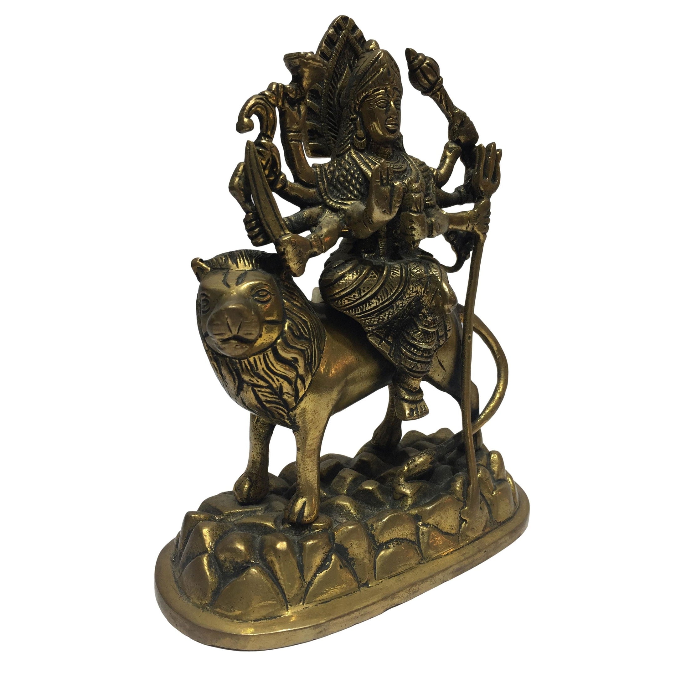 Maa Durga on Oval Stone Dais Brass Antique 7 Inch - Sri Prarthana