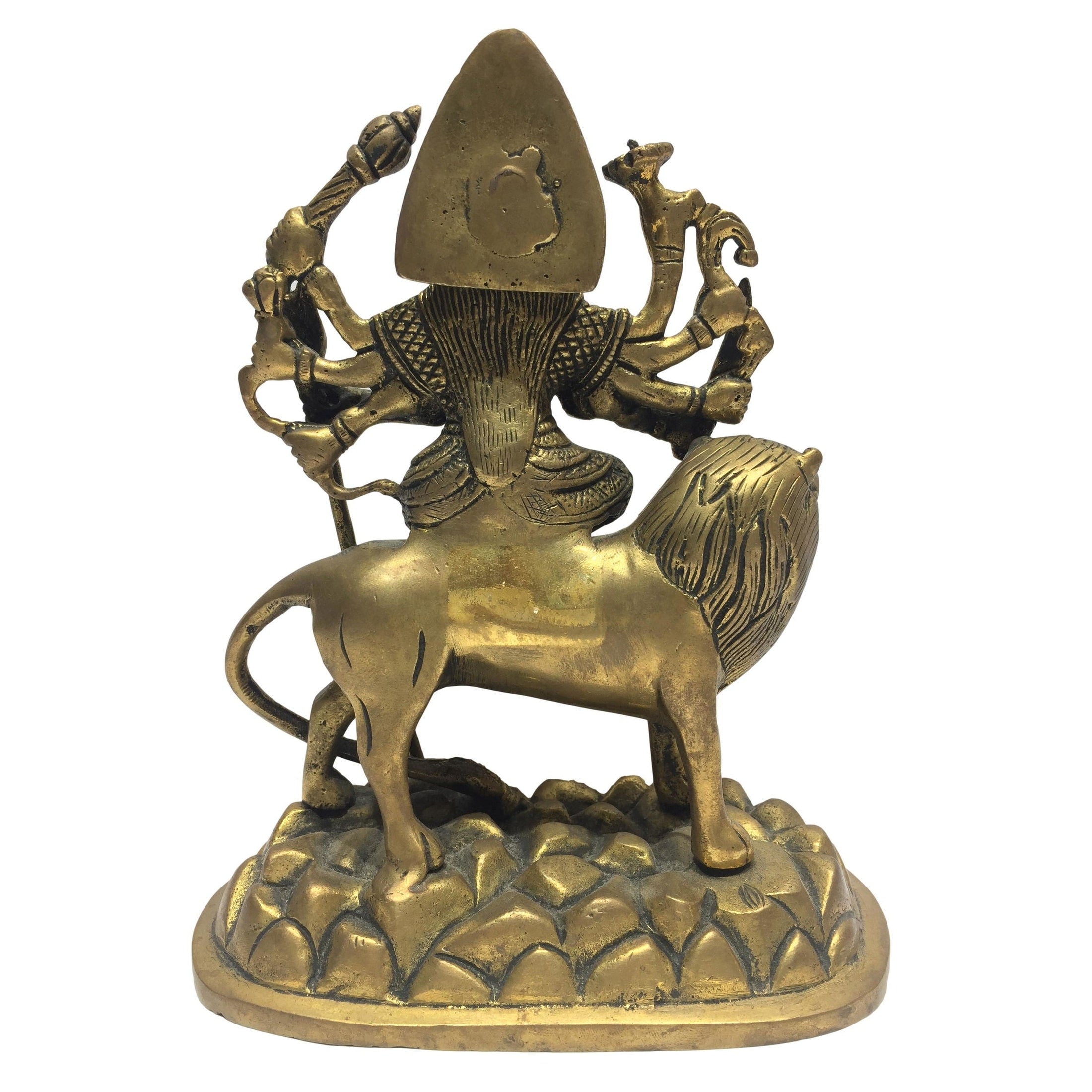 Maa Durga on Oval Stone Dais Brass Antique 7 Inch - Sri Prarthana