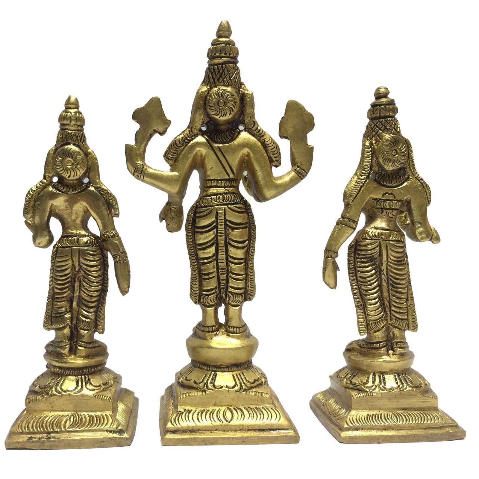 Maha Vishnu with Sri Devi and Boo Devi Brass Antique 4.5 Inch - Sri Prarthana