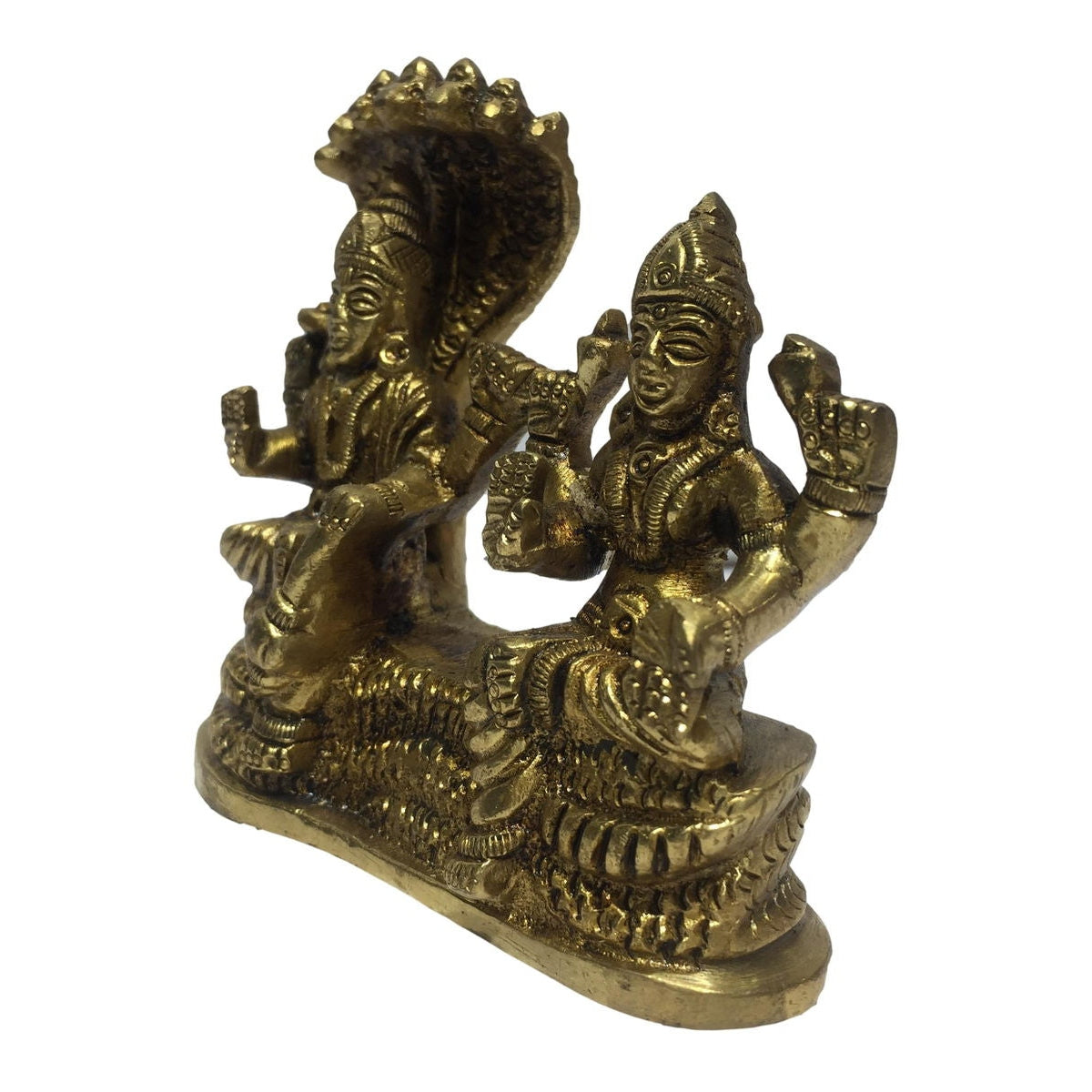 Mahavishnu and Lakshmi Sitting on Aadisesha Brass Antique Idol 3.5 Inch - Sri Prarthana