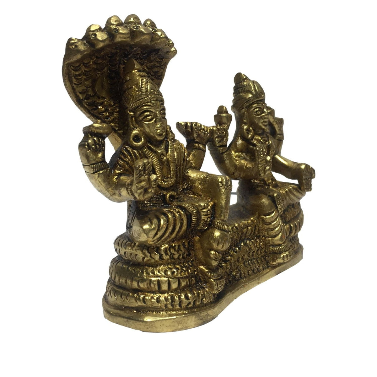 Mahavishnu and Lakshmi Sitting on Aadisesha Brass Antique Idol 3.5 Inch - Sri Prarthana
