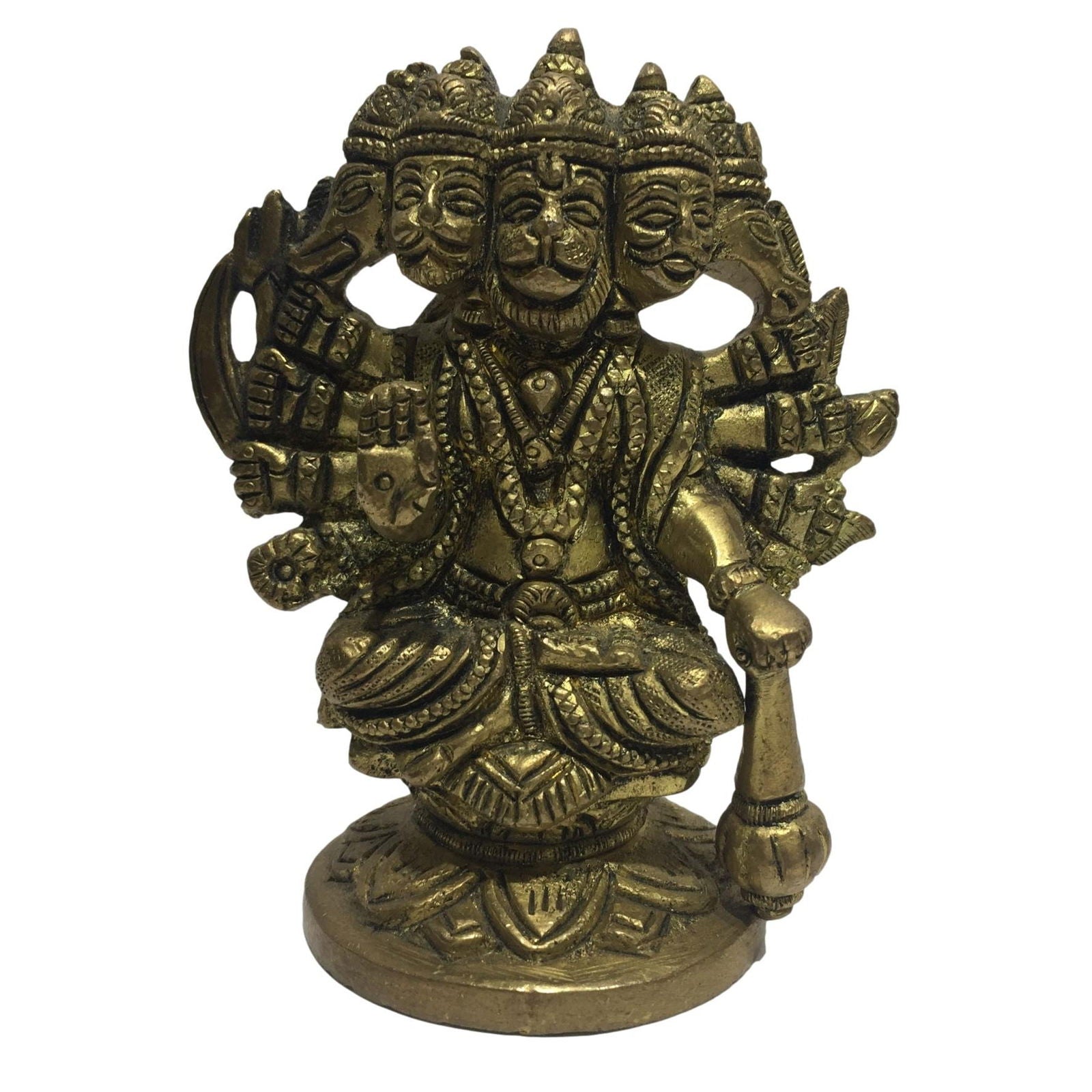 Panchamuakha Anjaneya Sitting on Kamal Brass Antique 4 inch - Sri Prarthana