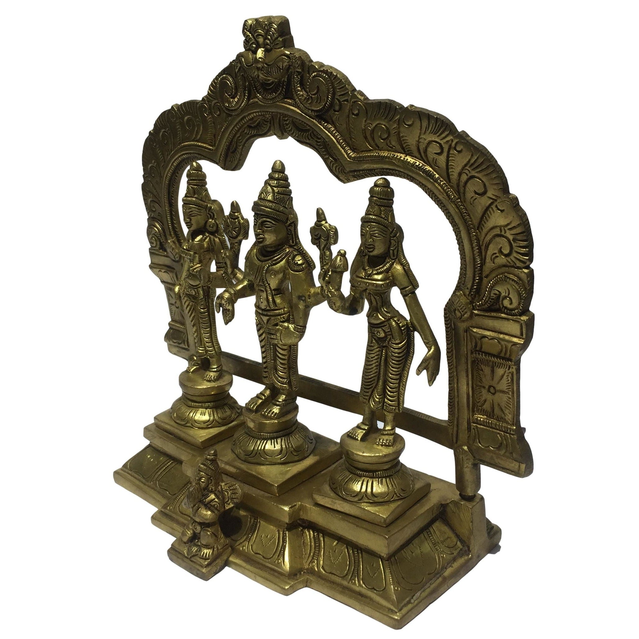 Perumal Sri Devi and Boo Devi in Arch with Garudan Brass Antique Figurine 8.25 Inch - Sri Prarthana