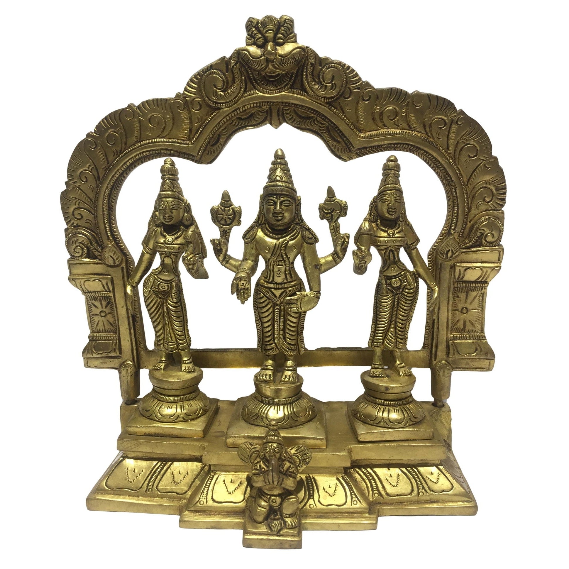 Perumal Sri Devi and Boo Devi in Arch with Garudan Brass Antique Figurine 8.25 Inch - Sri Prarthana