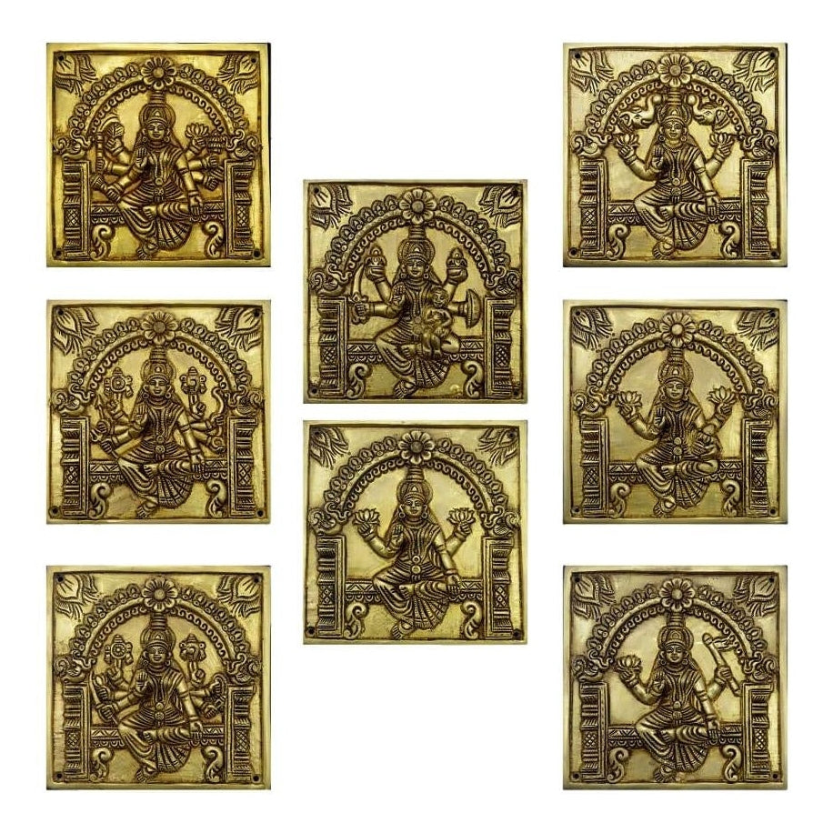 Prabhai Ashtalakshmi Engraved Brass Antique Square Plates Set 6 x 6 Inch