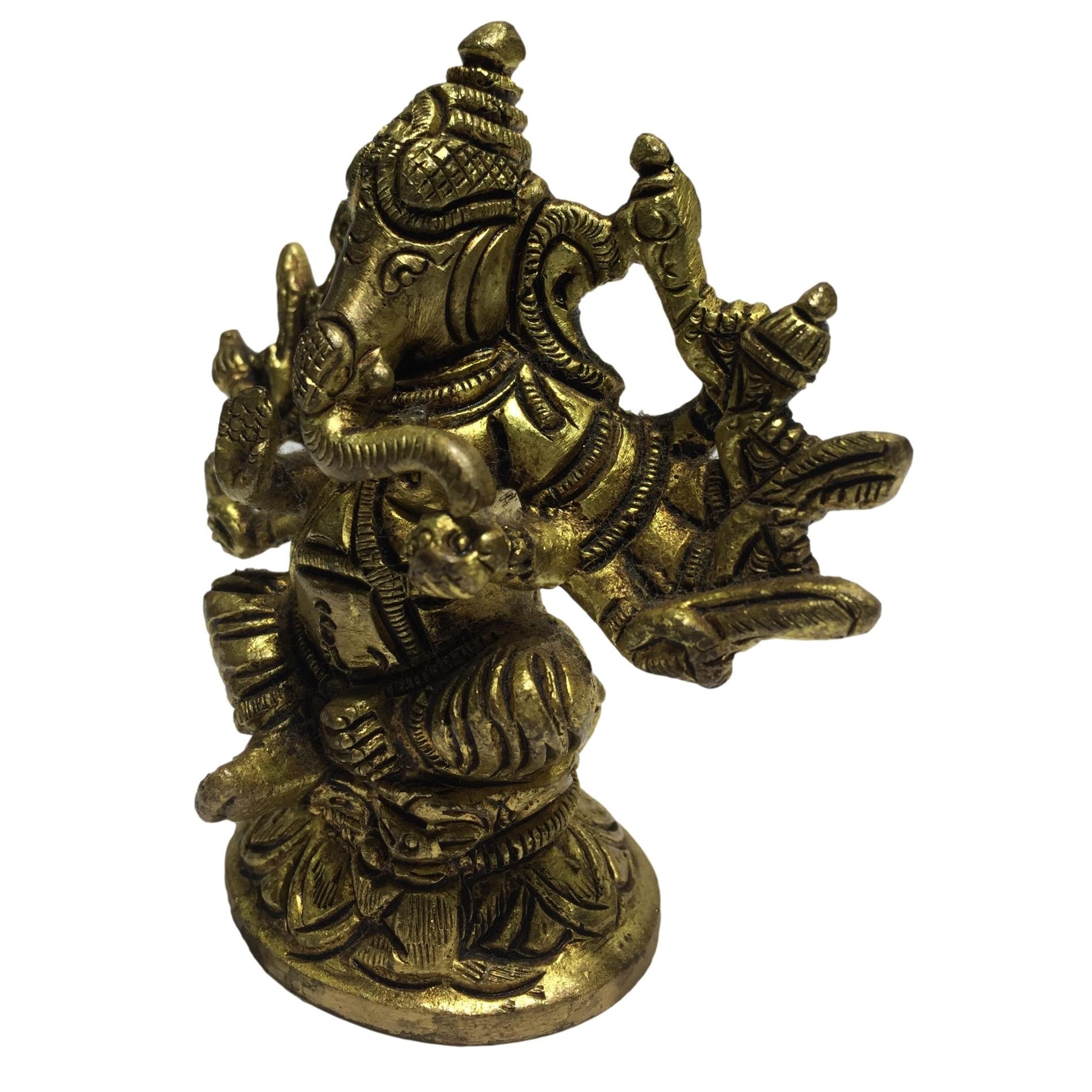 Sitting Dasa Bhuja Ganesh Brass Antique Vigraham 3 Inch - Sri Prarthana