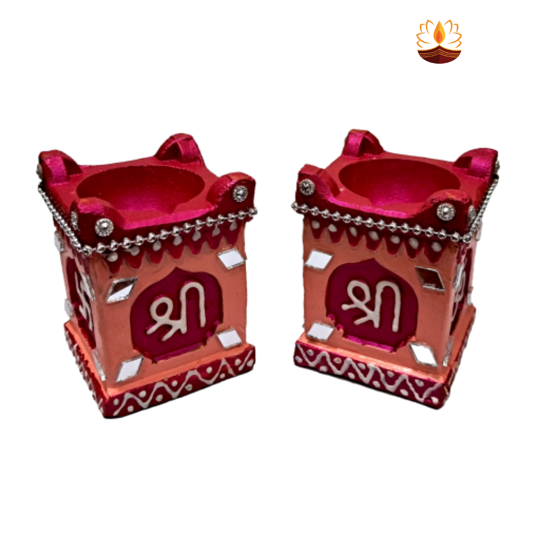 Terracotta Tulsi Madam With Stone Work Clay Diya (Pack of 2 )  - 3 Inches