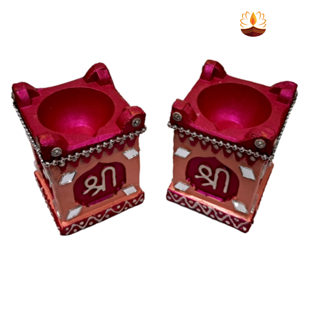 Terracotta Tulsi Madam With Stone Work Clay Diya (Pack of 2 )  - 3 Inches