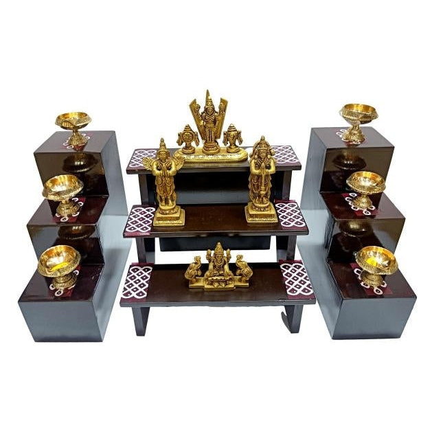 Teak Wood 3 Steps Kolam Decorative Deity Stand with Pair Deepak Stand Black Finish Villaku Padi Set size 7 inch