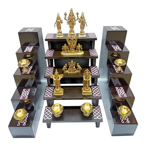 Wooden 5 Steps Deity Stand with Pair Deepak Stand Black Finish Kolam Decorative Villaku Padi Set size 11 & 12 inch