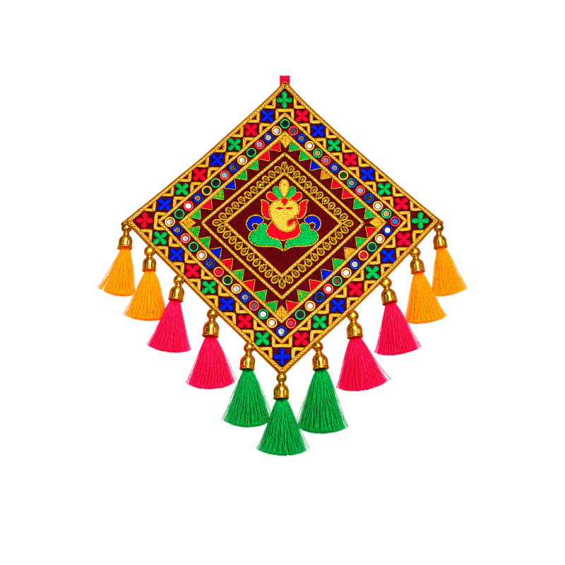 Decorative Ganesha Wall Hanging with Colourful Tassels 14 × 14 inches