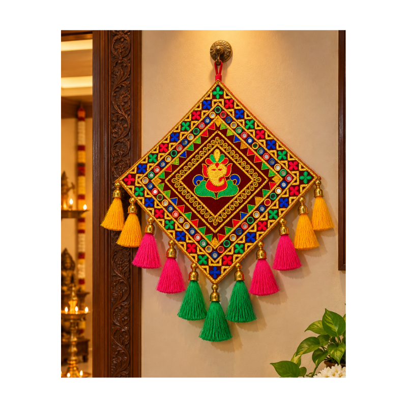 Decorative Ganesha Wall Hanging with Colourful Tassels 14 × 14 inches