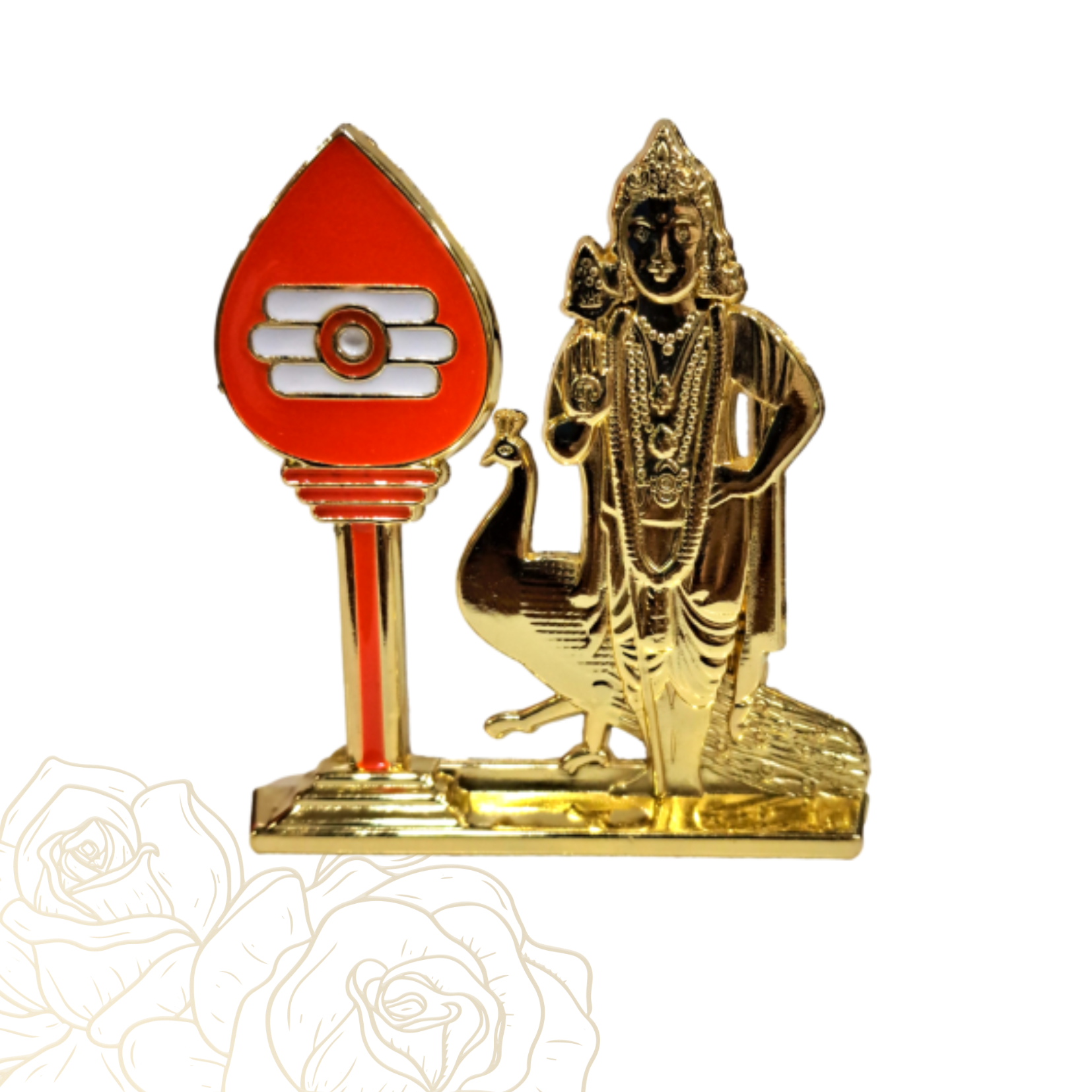 Golden Shining Mayil - Vel Murugan / Karthikeya with Vel & Peacock Car Decorative Stand Showpiece size 2.5 inch