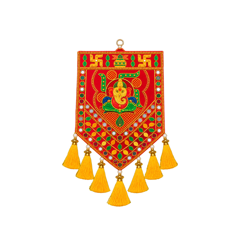 Ganesha Kalash Embellished Hanging with Mirror Accents & Golden Fringes 18 × 9 Inches