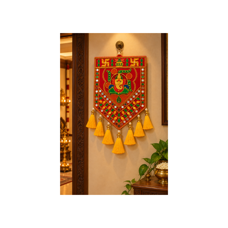 Ganesha Kalash Embellished Hanging with Mirror Accents & Golden Fringes 18 × 9 Inches