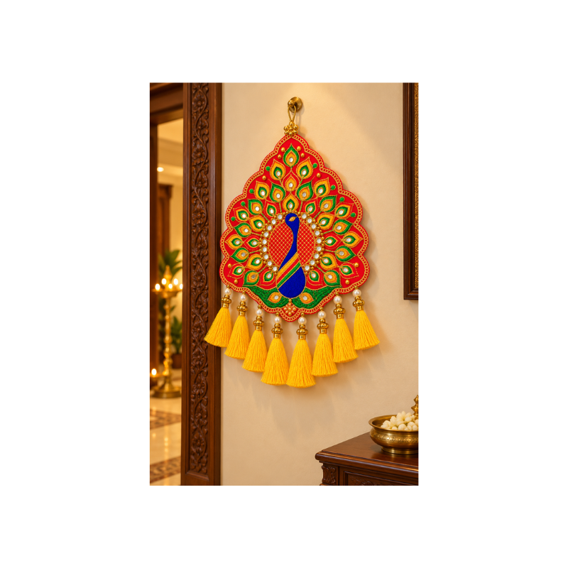 Handcrafted Peacock Wall Hanging with Mirror Work & Decorative Tassels 15 x 9 Inches