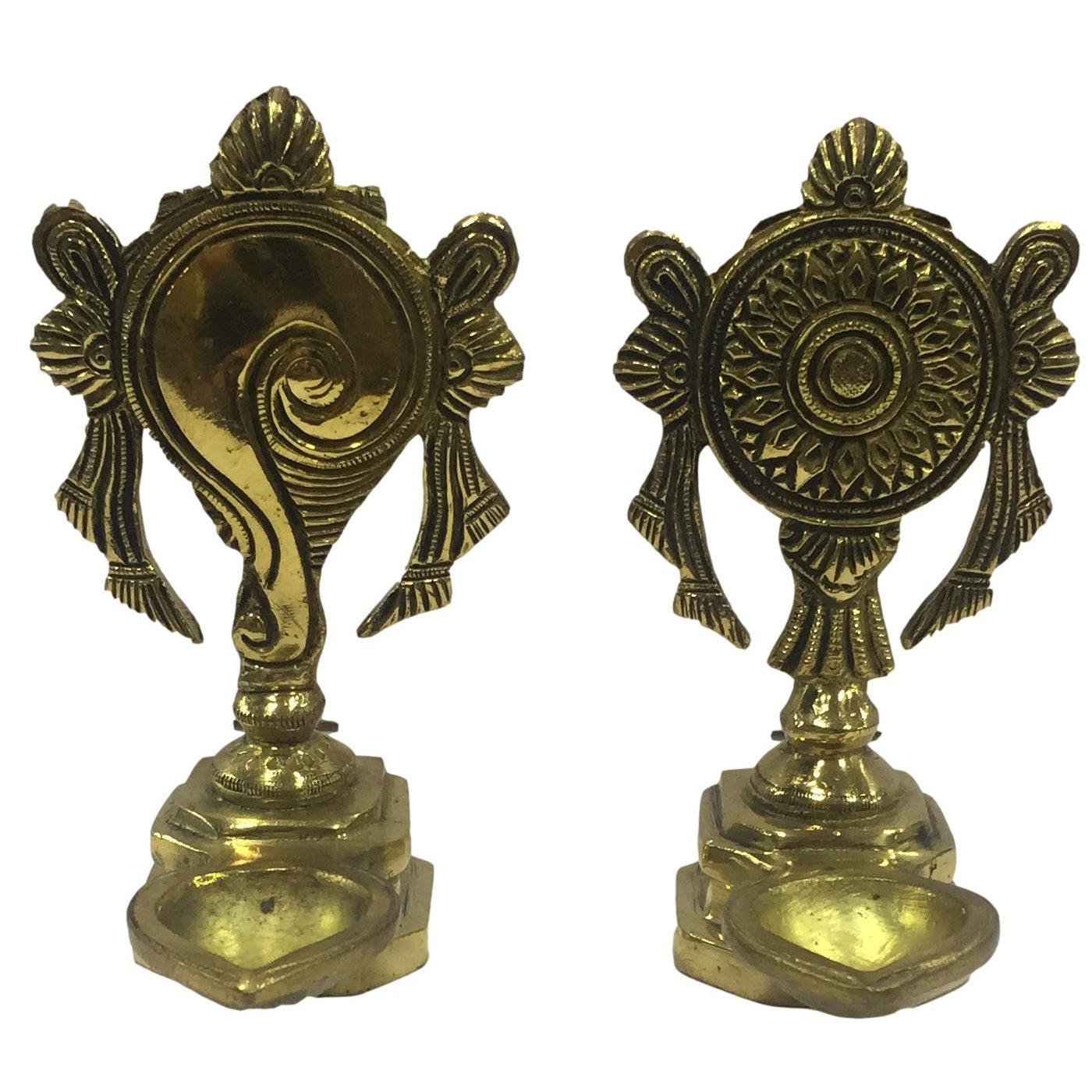 Golden Brass Shankha Chakra Ghee Vilaku Set with single flame Stand Pooja Decorative Deepak-with ghee lamp