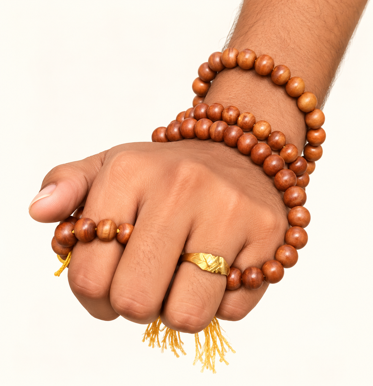 Natural Wooden Bead Mala with Golden Tassel