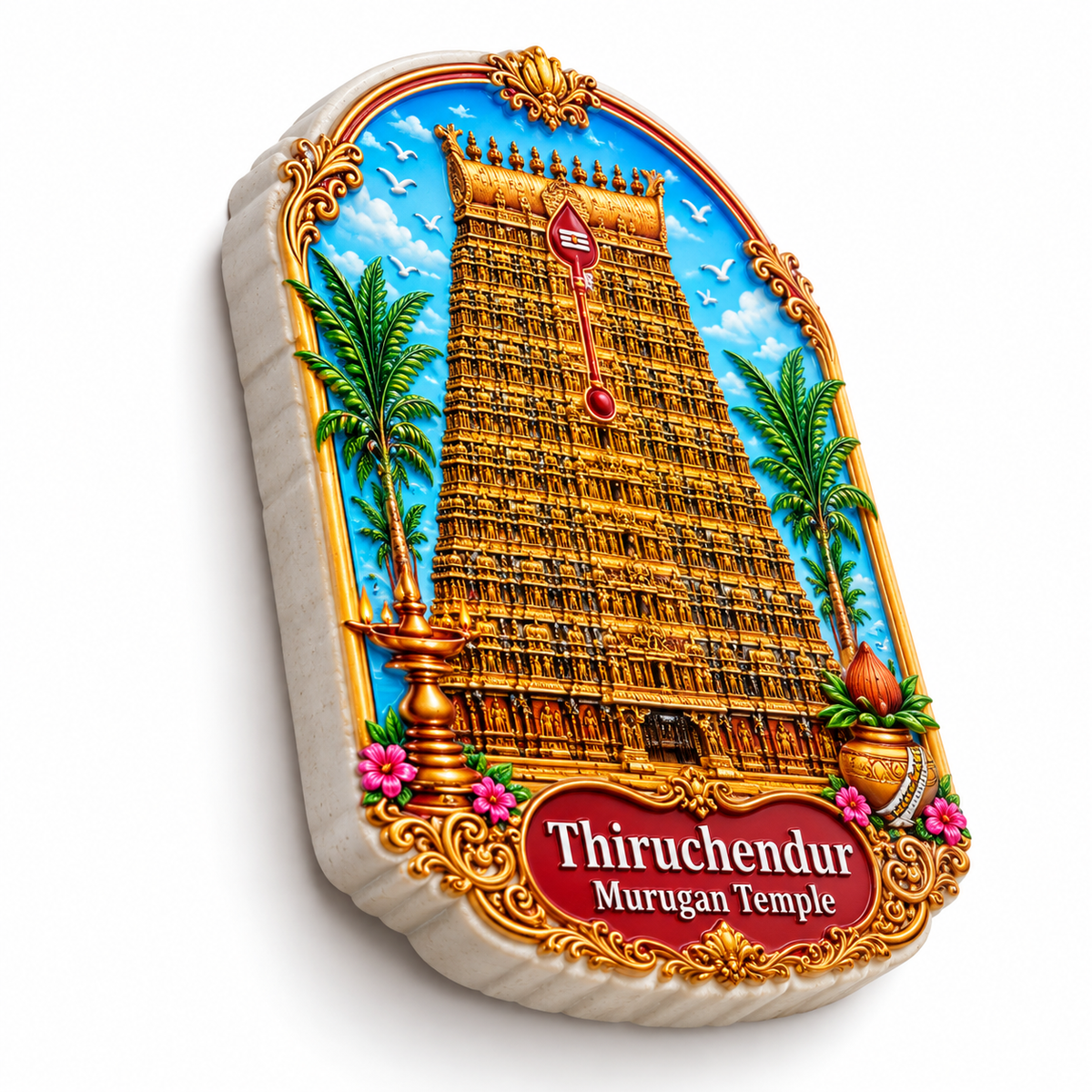 Thiruchendur Murugan Temple Ceramic Magnet- Dimension 3 X 2.1 cms