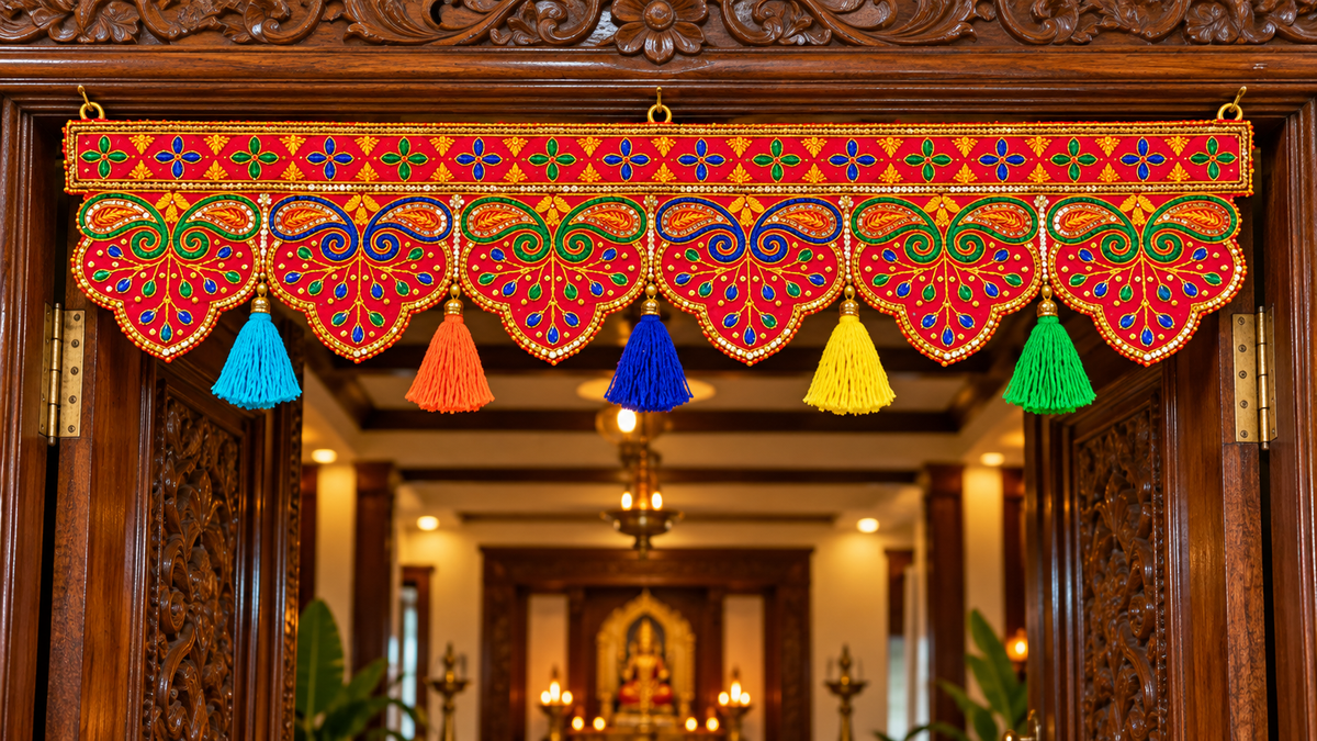 Red Embroidered Door Valance with Paisley Motifs & Colourful Tassels 36 × 9 Inches
