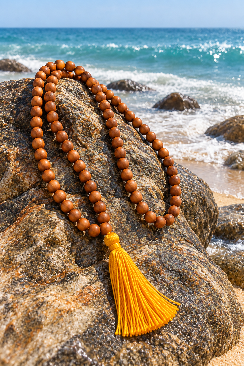 Natural Wooden Bead Mala with Golden Tassel