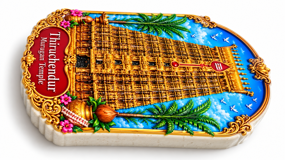Thiruchendur Murugan Temple Ceramic Magnet- Dimension 3 X 2.1 cms